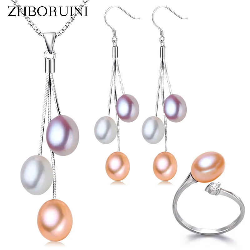 ZHBORUIN 2024 Fashion Pearl Jewelry Set Multicolour Freshwater Pearl Necklace Earrings 925 Sterling Silver Jewelry Set For Women