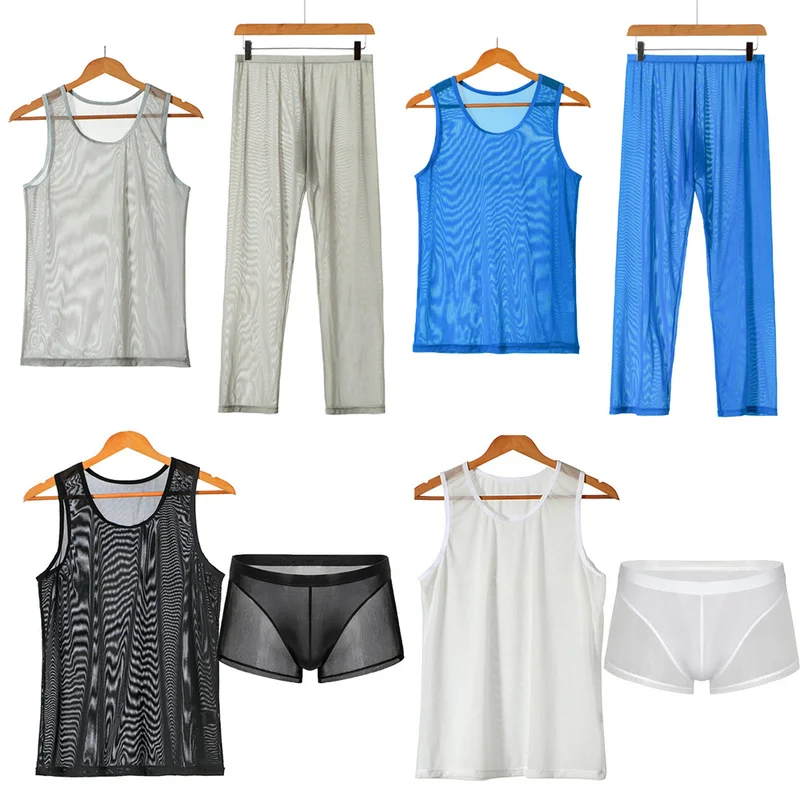 

Men Undershirt Sets Sexy Mesh Fishnet Transparent Tank Tops Pants Shorts Underwear Sleepwear Tracksuit Breathable Sportwear Suit