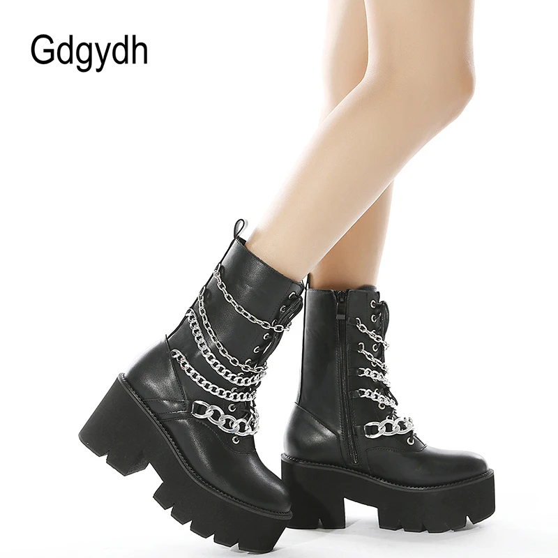 Gdgydh Goth Mid Calf Boots Platform Lace Up Metal Chains Women Motorcycle Boots Chunky Heel Punk Gothic Shoes Black Waterproof