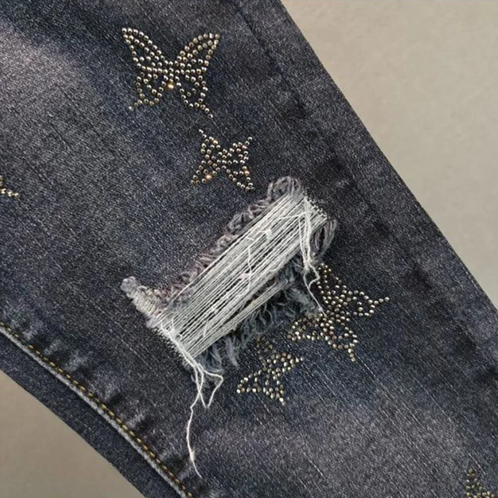 Jean déchiré taille haute pour femme, pantalon crayon en denim délavé, papillon perlé, mode décontractée