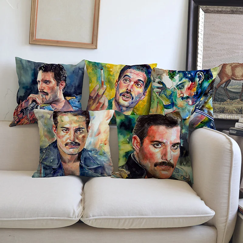 Queen Band Music Art Freddie Mercury Watercolor Vintage Portrait Cushion Cover Poster Design Decorative Sofa Throw Pillow Cover