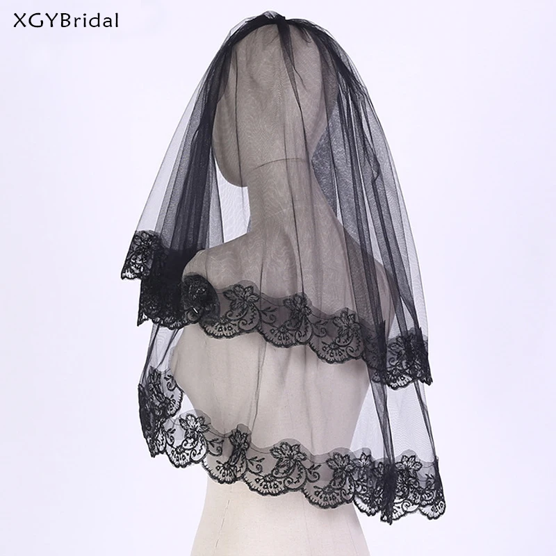 Velos de boda negros cortos con borde de encaje, velo de novia con apliques de 1 metro y dos capas para fiesta de Halloween, accesorios de boda