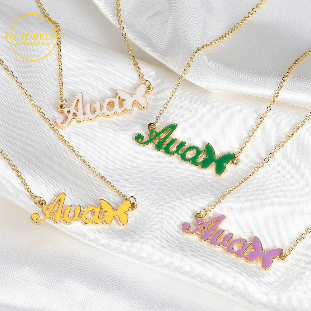 Custom Butterfly Name Necklace Personalized Drop Oil Jewelry Stainless Steel Gold Plated Necklace Women Letter Nameplate Pendant