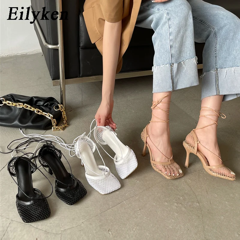 Eilyken 여성용 섹시한 화이트 할로우 메쉬 펌프스 샌들, 스퀘어 토 하이힐, 발목 레이스 업, 크로스 타이 파티 드레스, 여성 신발, 신제품