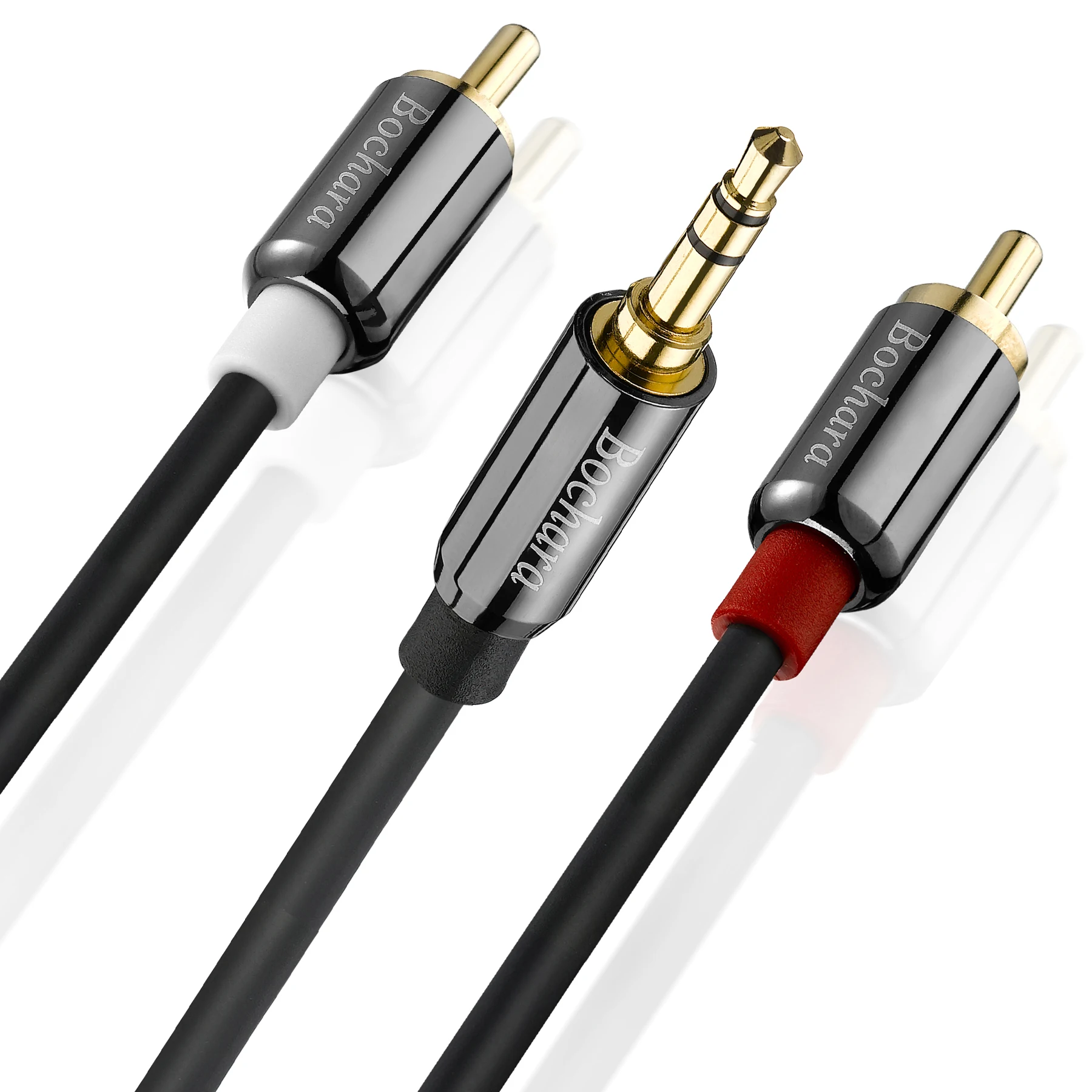 Bochara 3.5mm złącze Stereo męski na 2RCA męski kabel Audio OFC Metal + folia ekranowana do głośników wzmacniacz 30cm 1.8m