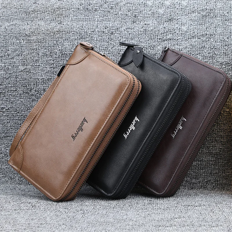 Pochette En Cuir Véritable Pour Homme Contacts - Double Fermeture éclair - Style Vintage Sportif