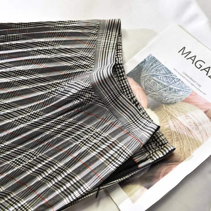 Women\'s Vintage Plaid Pattern Long Skirt Korean Female High Waist Side Zipped Slim Pleated A-Line Skirts Saias 2021 Spring SK692