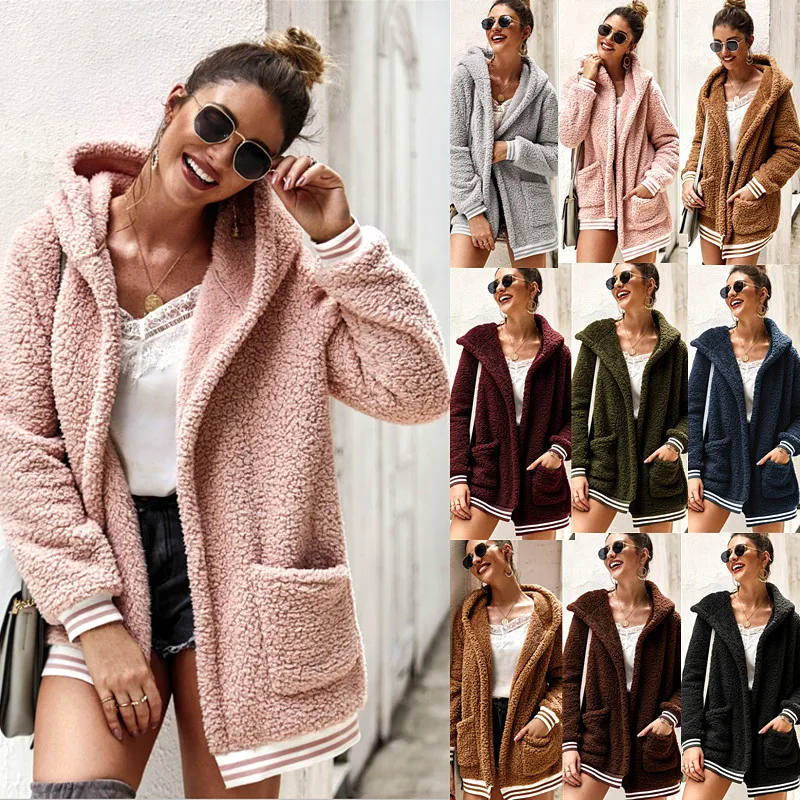 8 Colors Women Jacket Flocking Hooded Jacket Autumn Winter Jacket Long Casual Outwear Teddy Coat Pink Green Brown Coat DY-197010