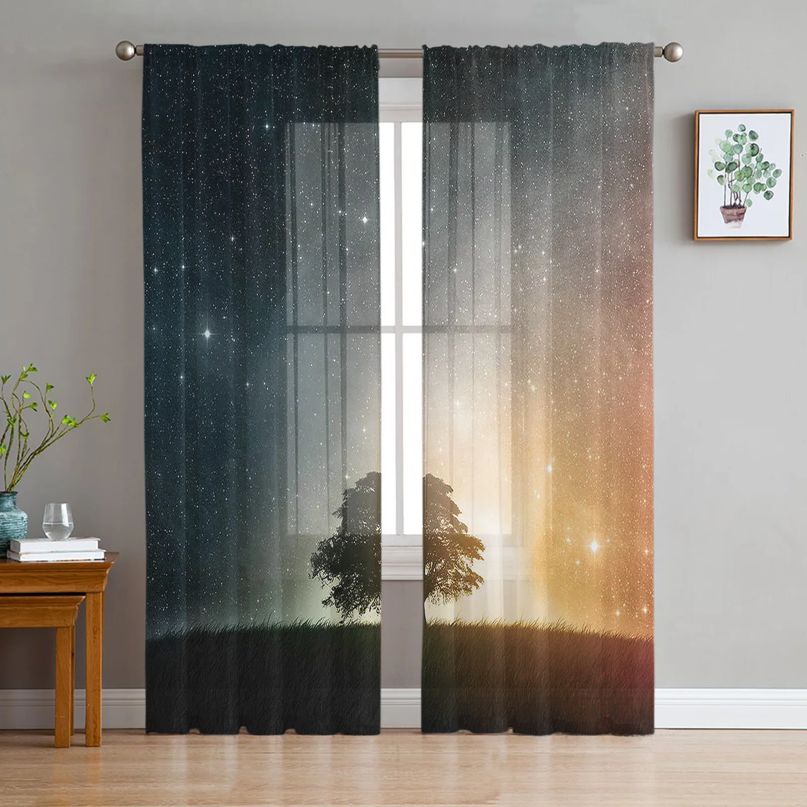 Milky Way Starry Tree Silhouette Window Curtains Bedroom Modern Drape Sheer Tulle Valances Living Room Kitchen Voile Curtain