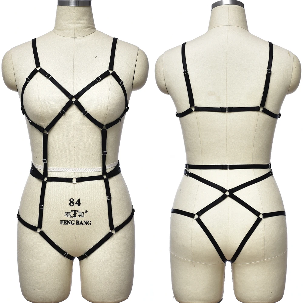 

Hollow Bondage Bodysuit Black Adjust Body Harness Set Women Punk Sexy Lingerie Elastic Open Chest Bra Connection Bottom G-String