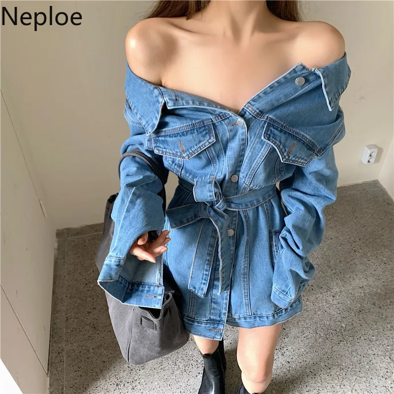 Neploe Jackets For Women Sexy Off Shoulder Slim Waist Denim Jacket 2023 Korean Fashion Casual Tops Vintage Casual Coat Woman