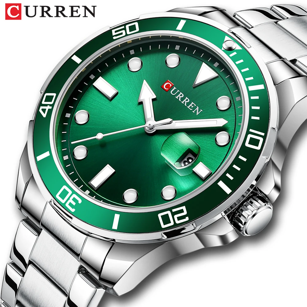 CURREN Fashion Business Orologi da polso da uomo Orologio verde Orologio da uomo al quarzo in acciaio inossidabile Reloj Hombre