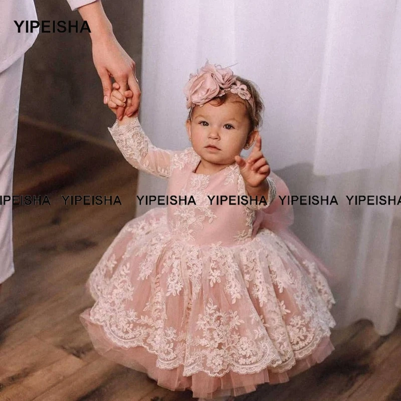 Yipeisha vestido de primeira comunhão com flores rosas, vestidos para meninas, com manga longa, renda para baile de primeira comunhão, vestido infantil