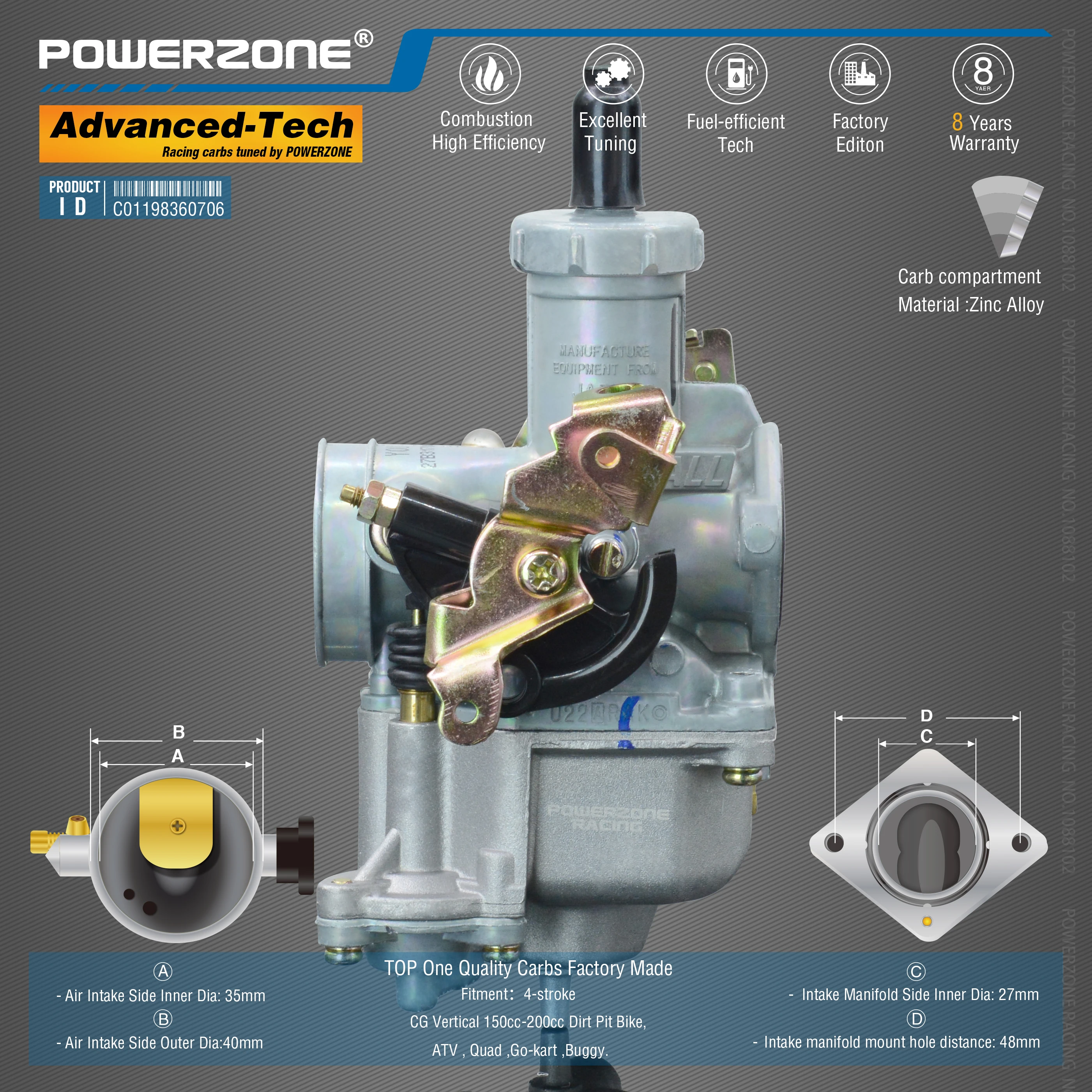 Powerzone  Carburetor PZ27B 27mm  CVK  Accelerator Pump Carb For CG Vertical 150cc-200cc Dirt Pit Bike,ATV,Quad ,Go-kart ,Buggy