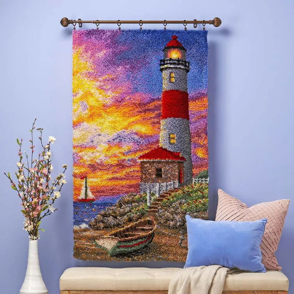 Latch Hook Rug Kit, Lighthouse Pattern Printed Canvas DIY Rug Crochet Yarn Kits, Embroidery Decoration Crafts for adults