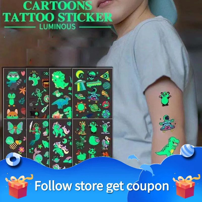 Children Cartoon Tattoo Stickers  Luminous Temporary Waterproof Body Art Face Dinosaur Pirate Unicorn Mermaid Cute Color Gift