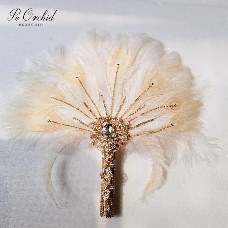 PEORCHID Crystal Ostrich Alternative Feather Bridal Fan Bouquet Ivory Gatsby 1902s Wedding Hand Fan Gold Brooch Bouquet Fan