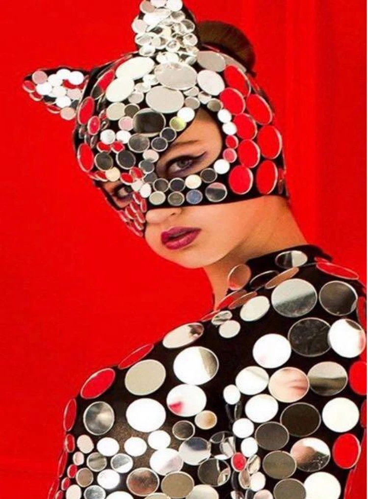 Cat mask mirror bodysuit Model costume Catwalk stage dance wear Round Mirror Jumpsuit Sequin Mirror Light One-Piece Outfit