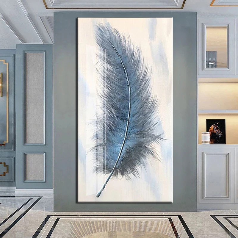 

New Arrival Abstract Simple Blue Feather Oil Painting Canvas Wall Pictures Art Large Hand-Painted Design Paintings Decoration