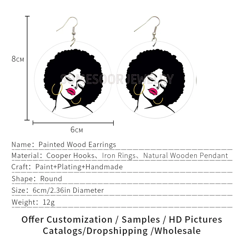 SOMESOOR Afro Melanin Girl Magic Printed Wooden Drop Earrings African Natural Hair Hoops Design Jewelry For Black Women Gifts