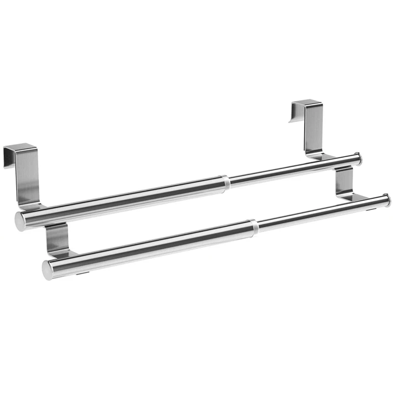 Kitchen Over Cabinet Double Towel Bar Rack, Expandable Hand Towel Holder for Universal Fit on Inside Or Outside