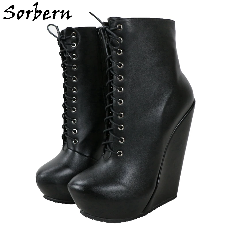 

Sorbern 20Cm Hard To Walk Ankle Boots Women Narrow Soles Wedges Lace Up Crossdresser Booties Invisible Platform Unisex Shoes