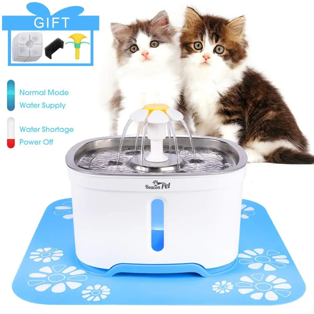 Pet Cat Water Fountain Stainless Steel LED 2.5L Automatic Pet Fountain Dog Water Dispenser + 4PCS Filters Mat for Multiple Pets