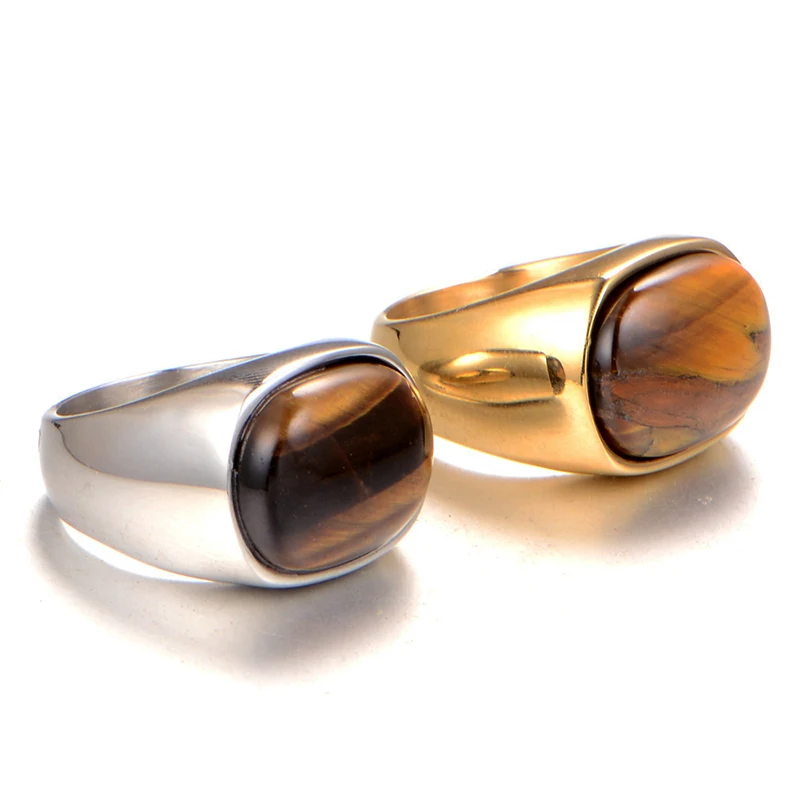 Natural Onyx Tiger Eye Big Turkish Rings For Men Vintage Gold/Silver Color Stainless Steel Oval Ring Fashion Turkish Jewelry