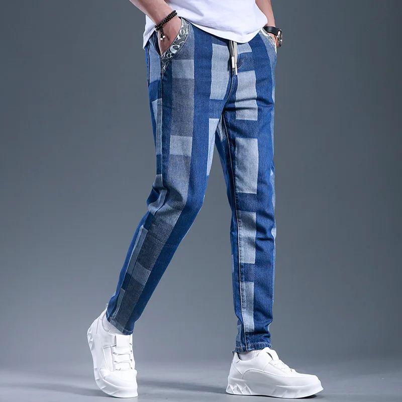 

Summer Men's Blue Plaid Jeans Fashion Casual Cotton Drawstring Baggy Denim Pants