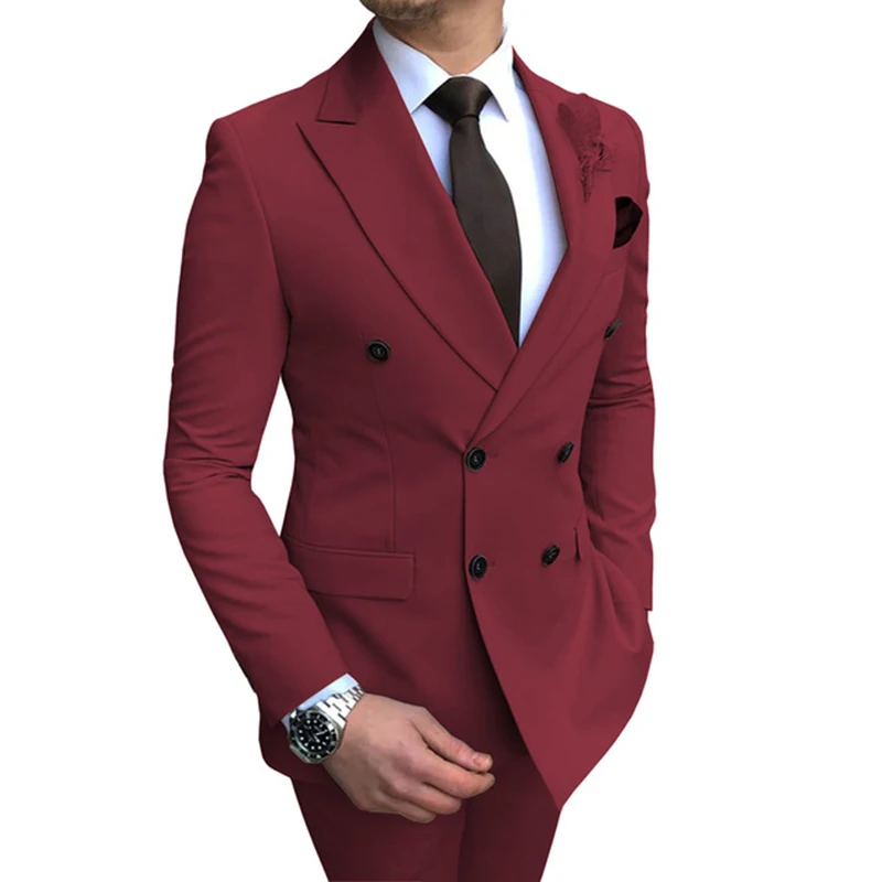 

Men's Burgundy Suit 2 Pieces Double-breasted Notch Lapel Flat Slim Fit Casual Tuxedos Men's Suits For Wedding (Blazer+Pants)