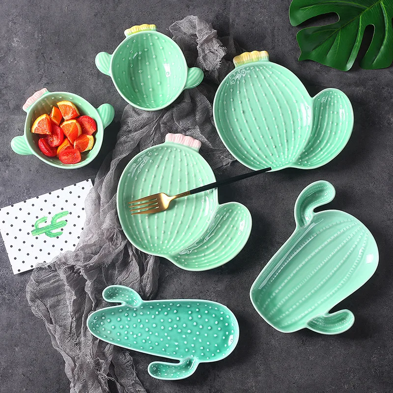 

Creative Ceramic Plant Cactus Plate Cute Breakfast Salad Bowl Nordic Style Household Tableware Snack Dish Fruit Kid Dessert Tray