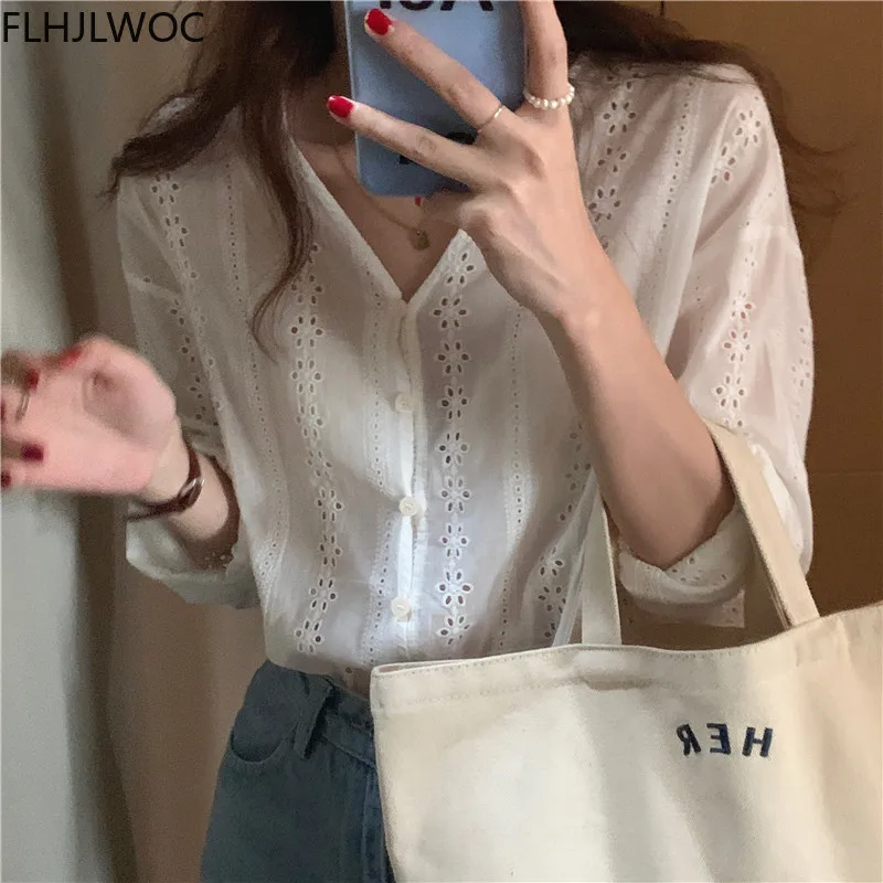 2021 Cute Sweet Girls Japanese Style Preppy Feminine Women Chic Tops Single Breasted Button White Cotton Lace Shirts