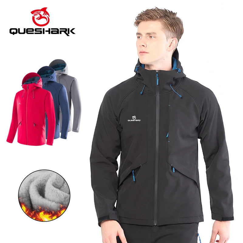 QUESHARK Men Fleece Thermal Softshell Long Sleeve Cycling Jacket Windproof Waterproof MTB Road Bike Windbreaker Bicycle Jersey