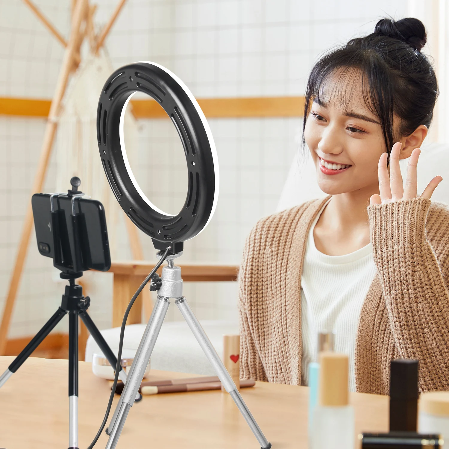 Mini anillo de luz LED de escritorio para Selfie, lámpara con soporte de trípode, enchufe USB, lámpara de Mesa para hacer TikTok, Youtube, Video de maquillaje, 6 pulgadas