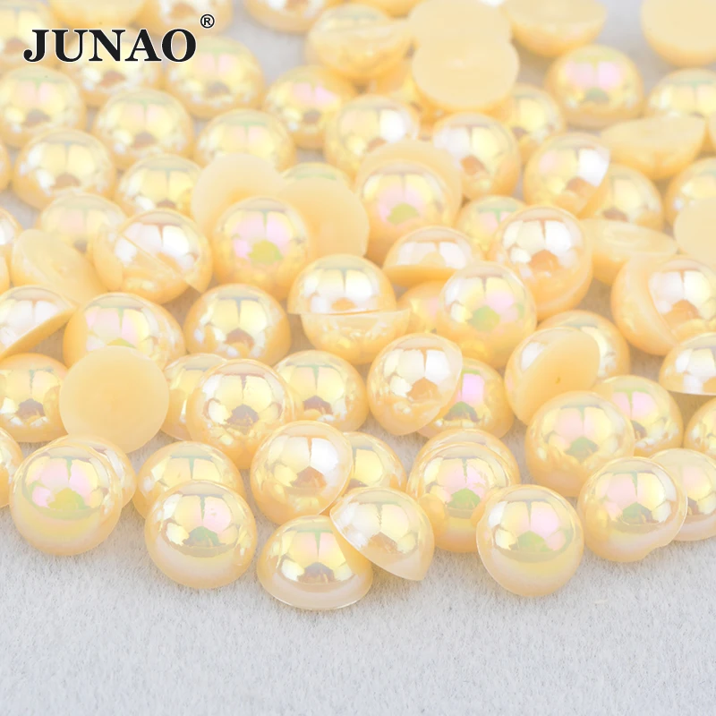 JUNAO 2 4 6 8 10 12 14mm Gold Color Half Round Pearl Flat Back Imitation Pearl Beads Crystal Applique Strass Scrapbook Crafts