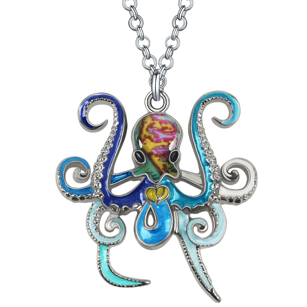 Bonsny Enamel Alloy Cute Deep Ocean Huge Squid Octopus Necklace Pendant Chain Fashion Crystal Jewelry For Women Teen Charm Gifts