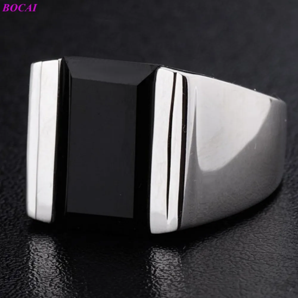 BOCAI S925 Sterling Silver Rings for Men Black Agate Fashion Personality Domineering Single Argentum Jewelry Wholesale