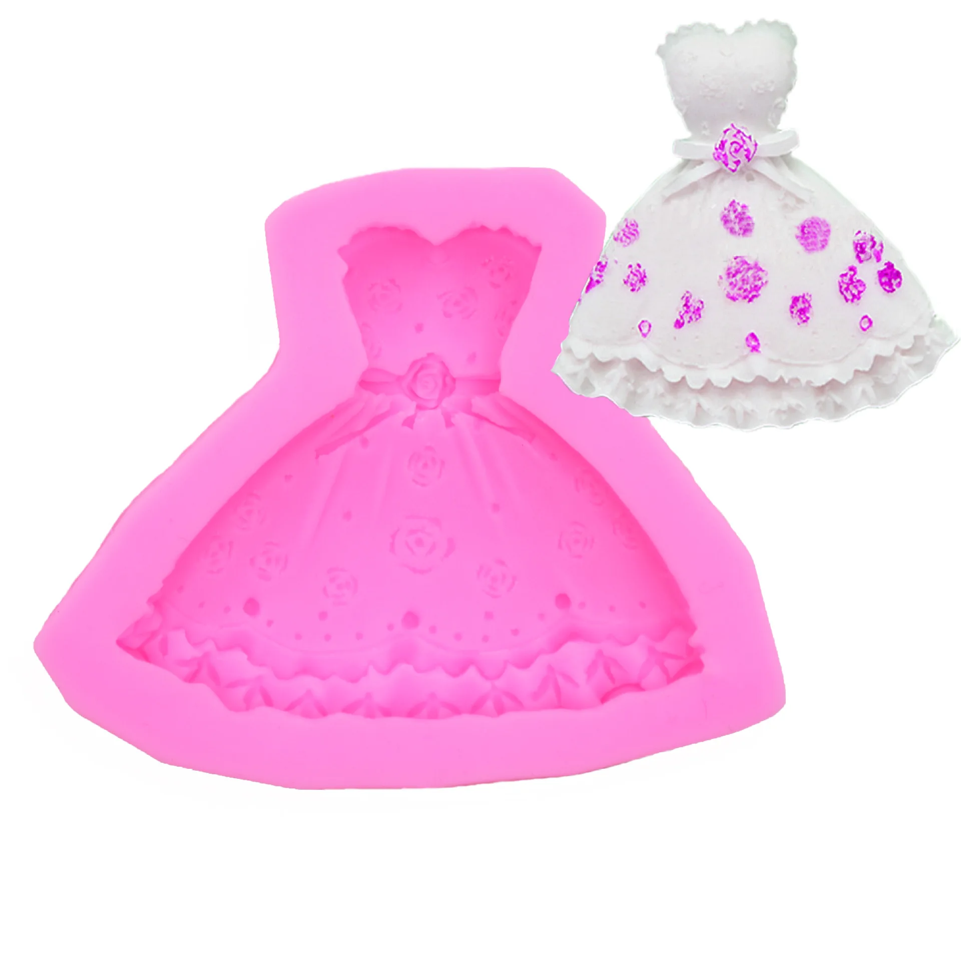 1PC Silicone Mold Bridal Wedding Dress Fondant Evening Dress Skirt Pattern Fudge Cake Mold Clay Craft Decoration Tools Pink