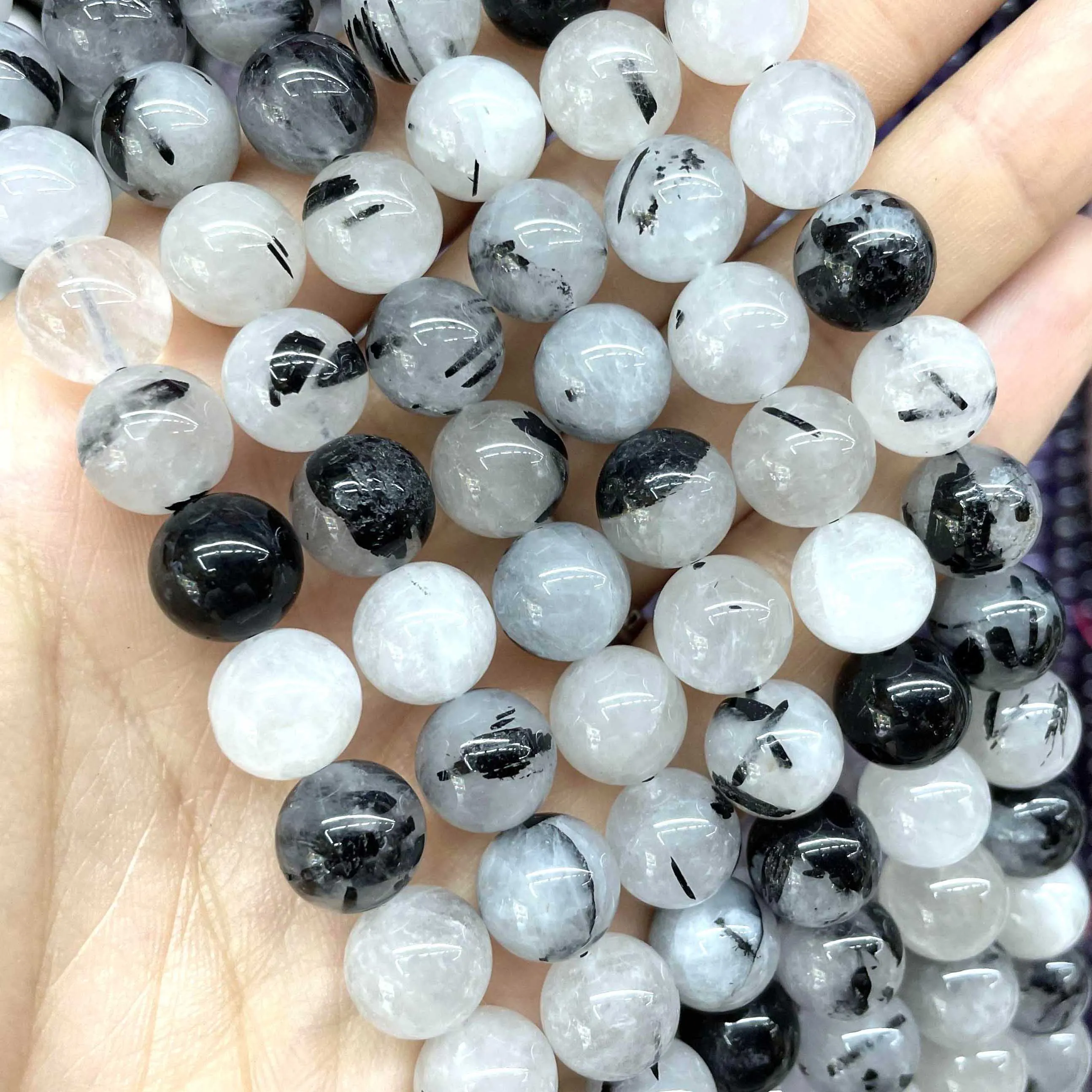 Natural Black Rutilated Quartz Stone Round Loose Spacer Beads For Jewelry Making DIY Handmade Bracelets Necklace 4/6/8/10/12mm