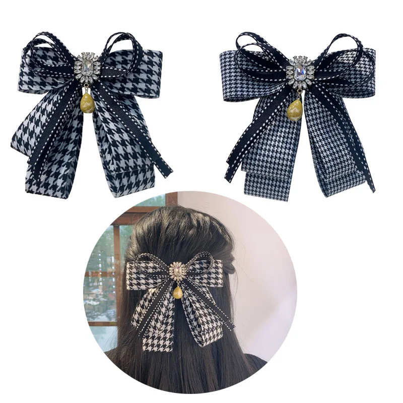 Retro  Style Hair Ornaments Houndstooth Plaid Crystal Bow Top Clip Adult Headdress