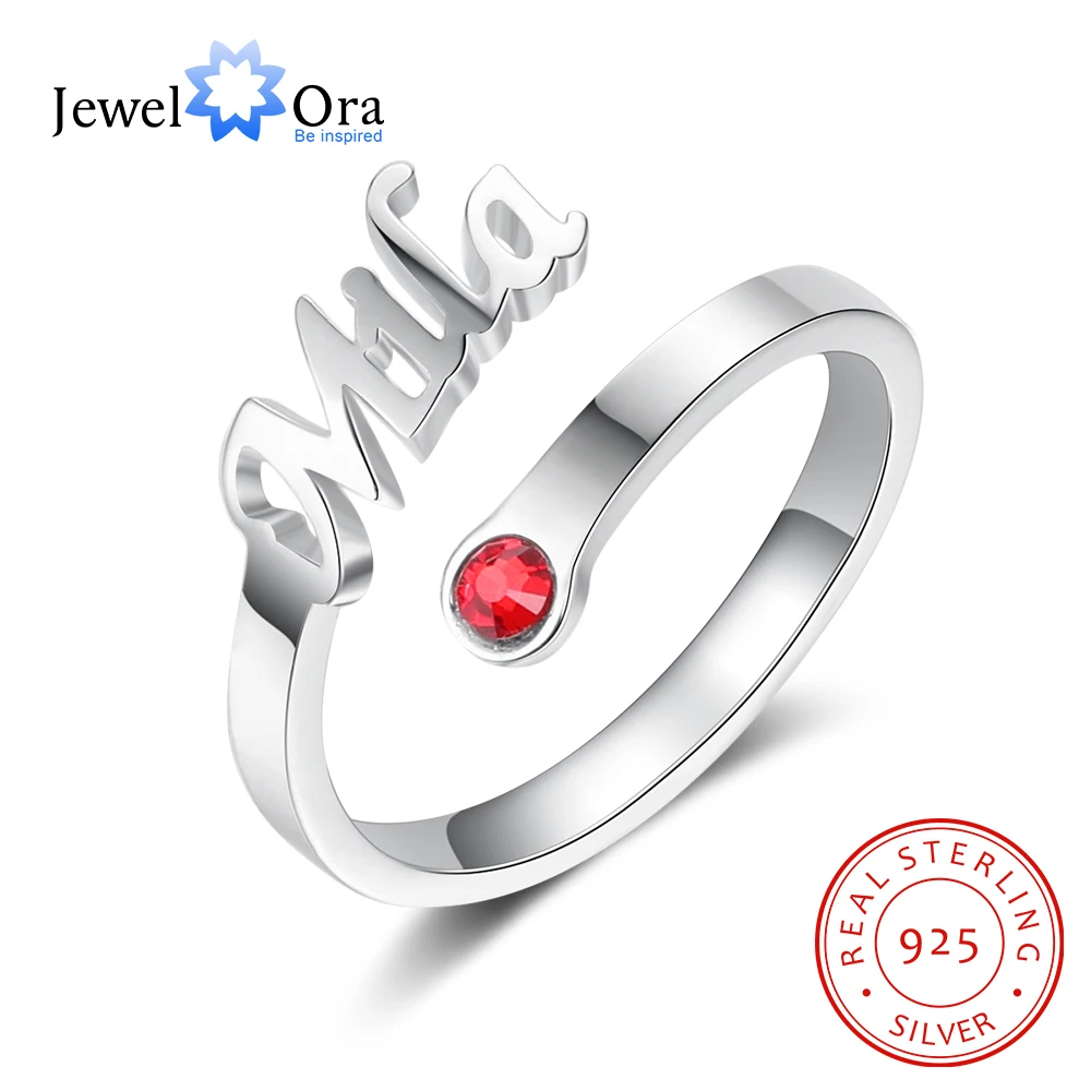 

JewelOra 925 Sterling Silver Personalized Name Ring with Birthstone Customized Nameplate Open Rings for Women Christmas Gifts