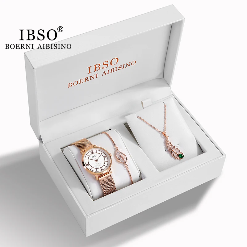 IBSO Watch for Women 1 Set Bracelet Japan Quartz Movement Simple Waterproof Rose Gold Leaf Start Stainless Steel Mesh Lady watch