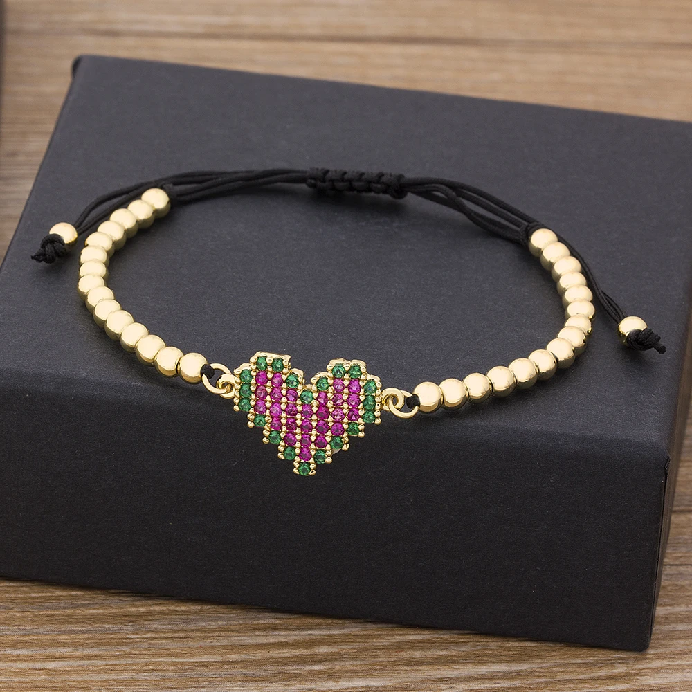 Romantic Couple Heart Bracelets Copper CZ Luxury Handmade Jewelry Adjustable Bead Bracelets For Women Men Best Wedding Gift