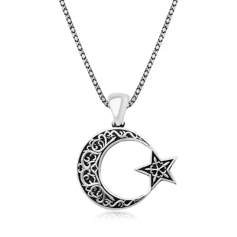 Silver Patterned Moon Star Men's Necklace 925 Sterling Men Jewelry Wedding Party Birthday Gift - Box - Pendant - Chain Choker - Man - Fashion