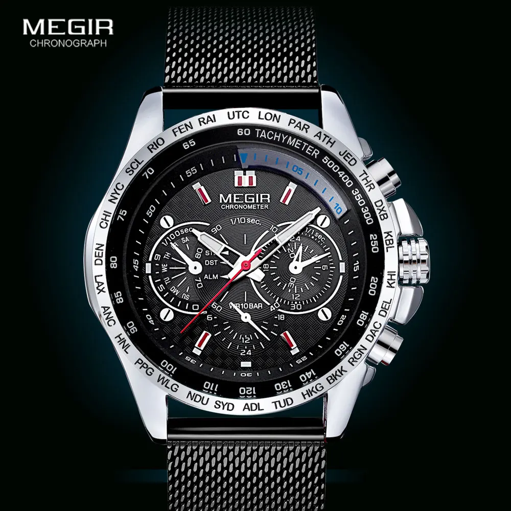 MEGIR-reloj analógico con correa de malla para hombre, accesorio de pulsera de cuarzo resistente al agua con cronógrafo decorativo, complemento