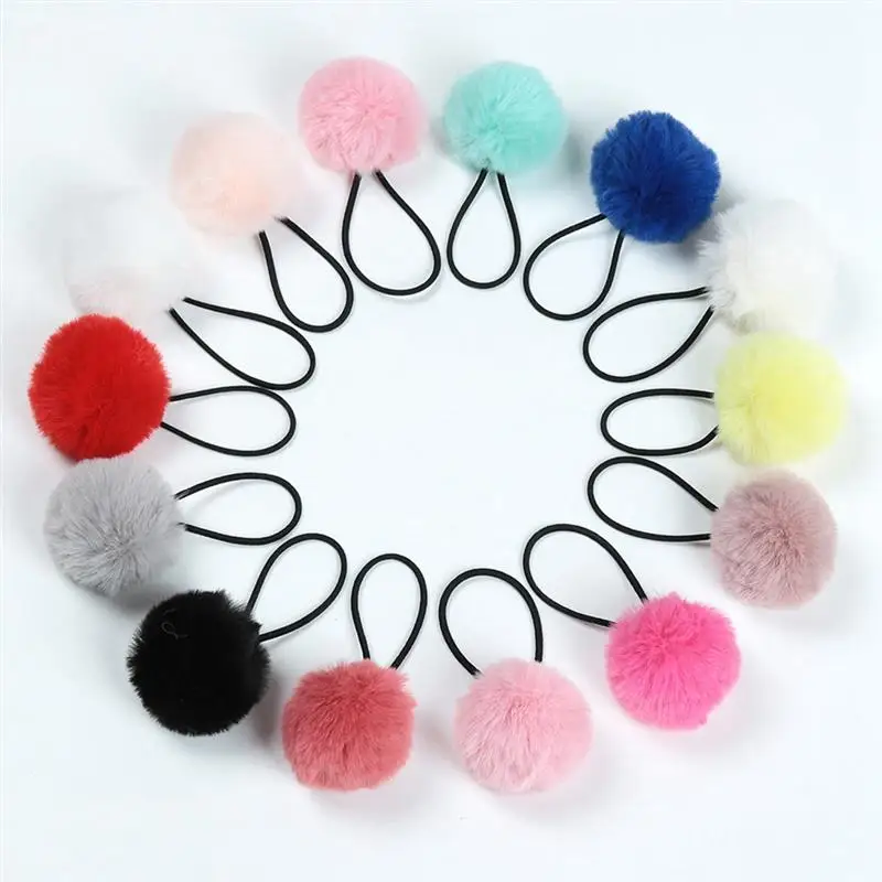 1pc Solid Color Kids Hair Rope Elastic Lovely Plush Pompom Decor Hair Tie Ponytail Holder Hair Accessories For Women Girls