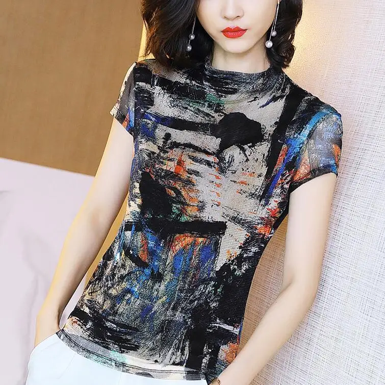 

Female Round Neck Stretch Mesh Printing Bottoming Shirt Fashion Women Spring Summer Lace Stitching Short-sleeved Blouse Pullove