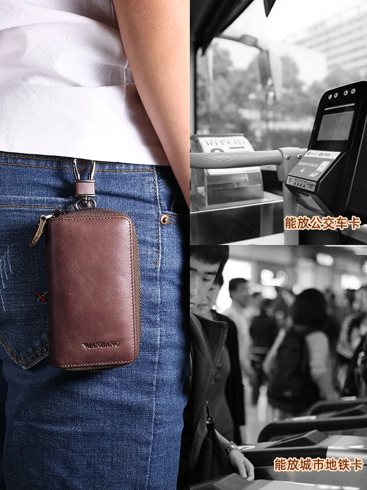 ManBang Vintage Genuine Leather Key Wallet Women Keychain Covers Zipper Key Case Bag Men Key Holder Housekeeper Keys Organizer