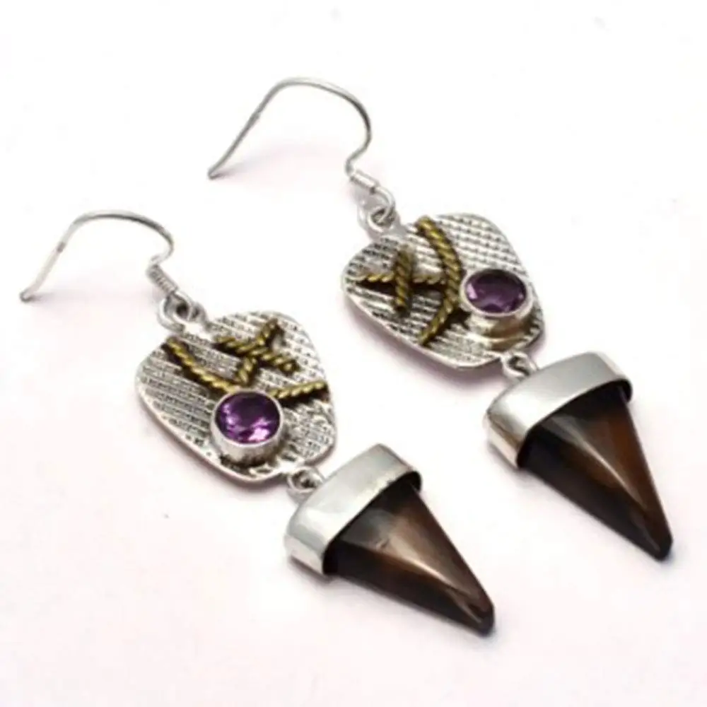 

Genuine Two Tone Smoky Quartz + Amethyst EARRINGS 925 Sterling Silver, 58mm, 2SE0125