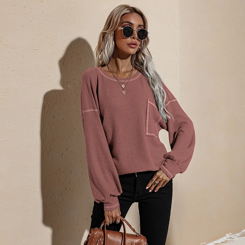 Spring Autumn Thin Style Eur Us Casual Loose Bean Green Clothes Women Sweatshirt Solid Harajuku Weaving Pocket Female Pullover